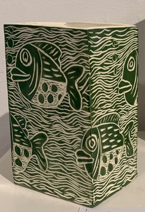 Mary Ann	Garrity	Green Fish	Scraffito Vase	 $45 