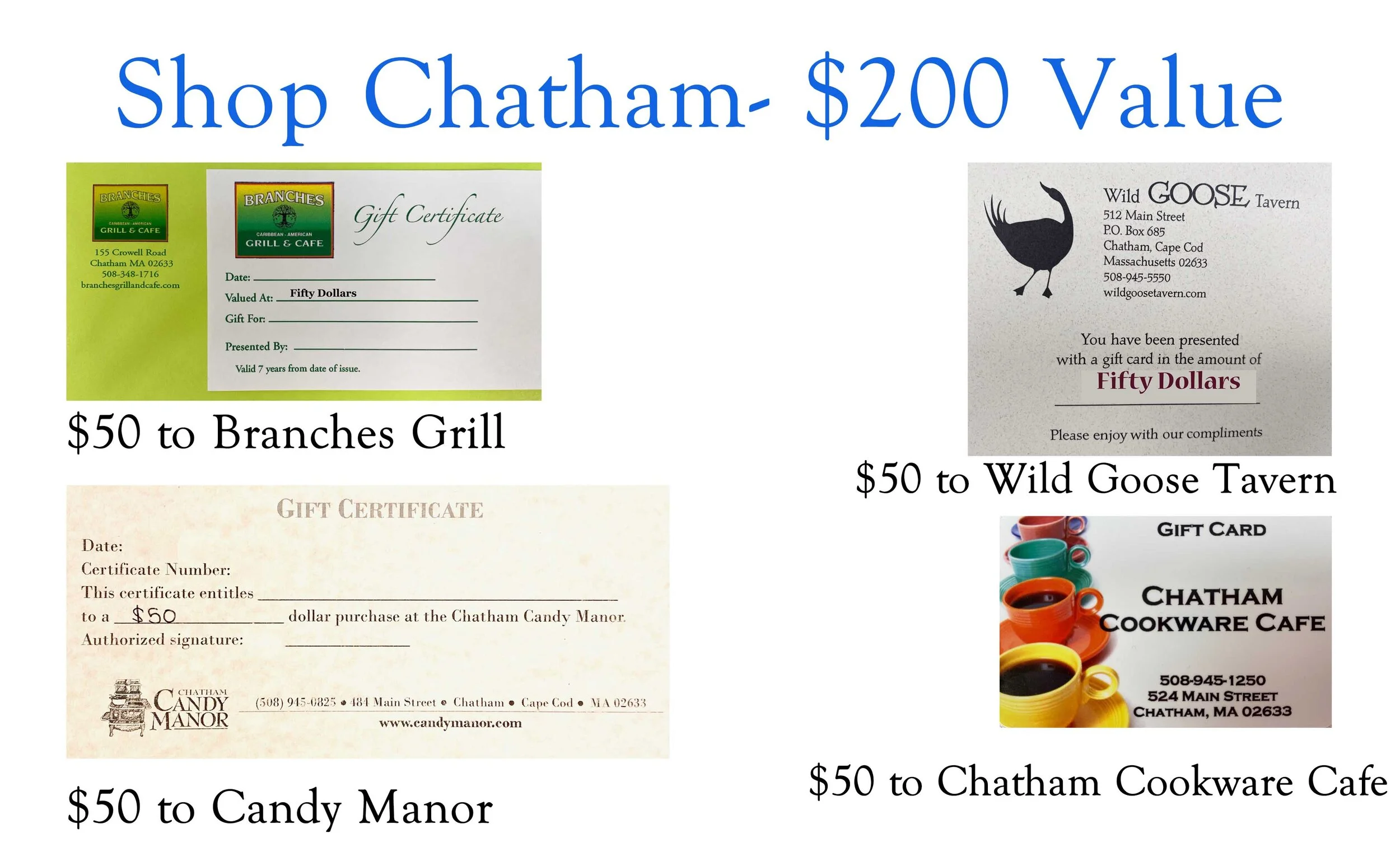 Shop Chatham- Gift Certificates- $50 Branches, $50 Candy Manor, $50 Wild Goose, $50 Chatham Cookware