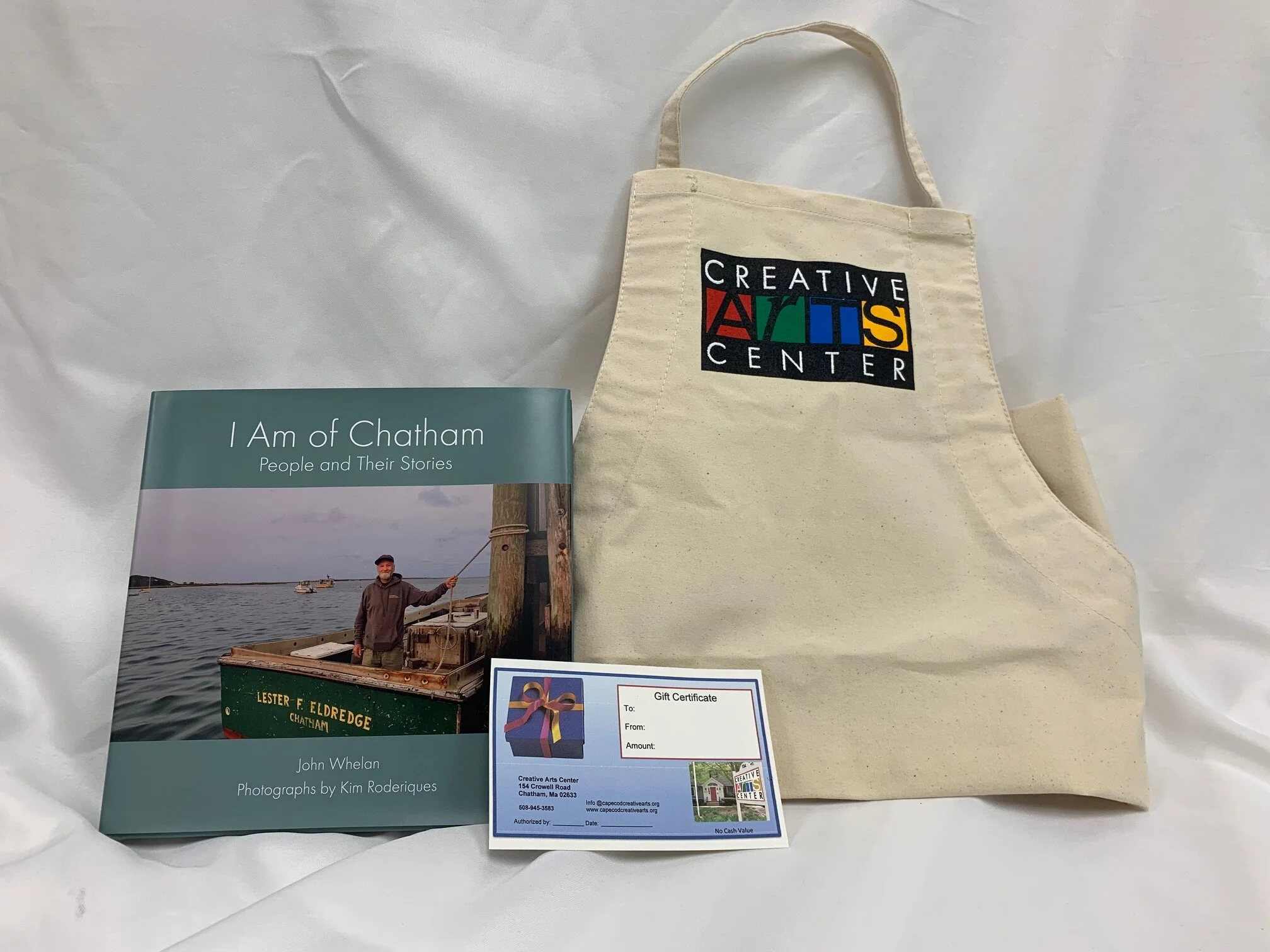 Creative Arts Center Apron, Gift Certificate for 6 Weekly classes & I Am of Chatham Book $200
