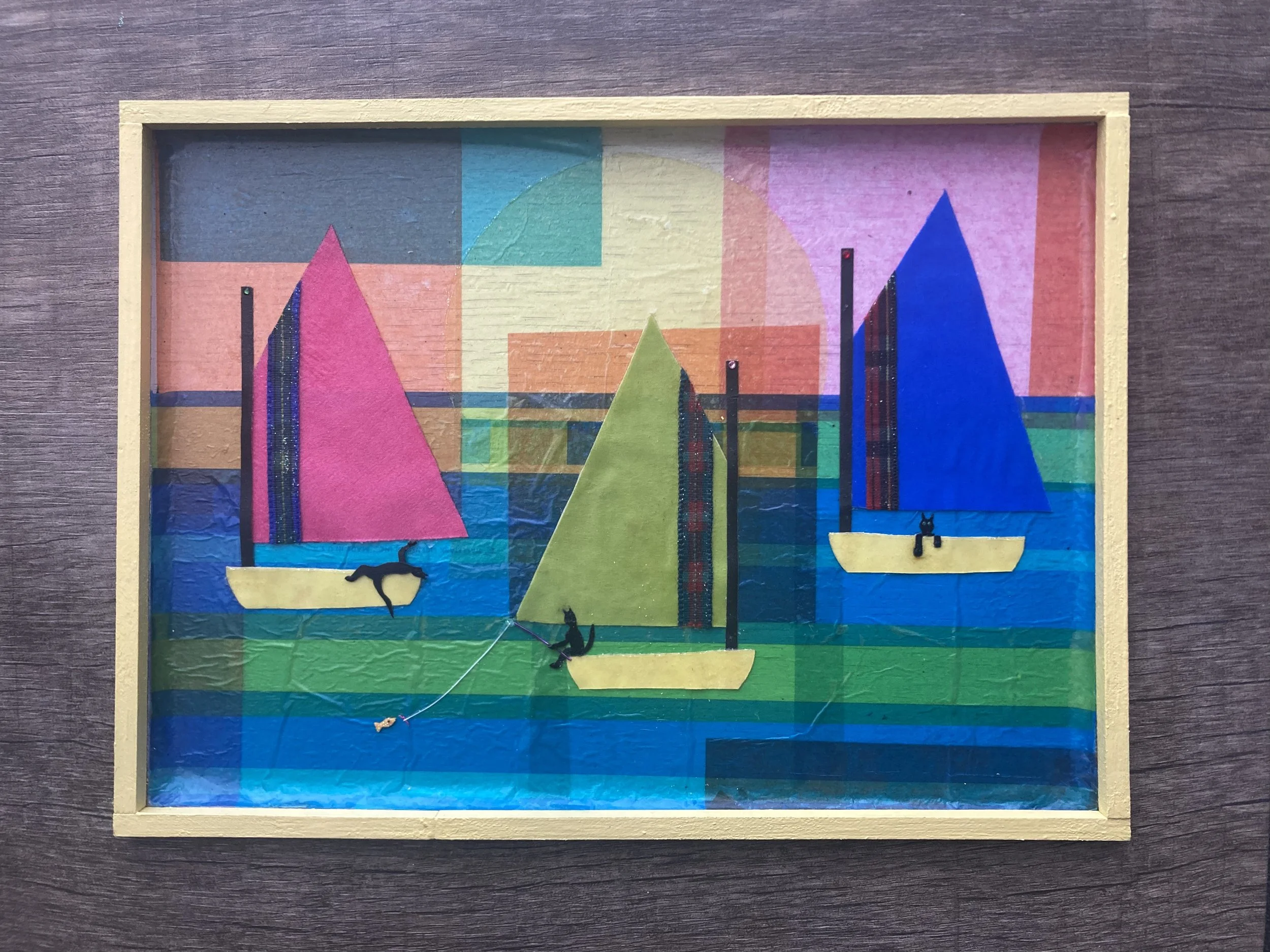 Cathie	Doddridge-Chilson	Cat Boats at Sunrise	Mixed Media- Silk, Tissue Paper, Sandpaper	 $500 