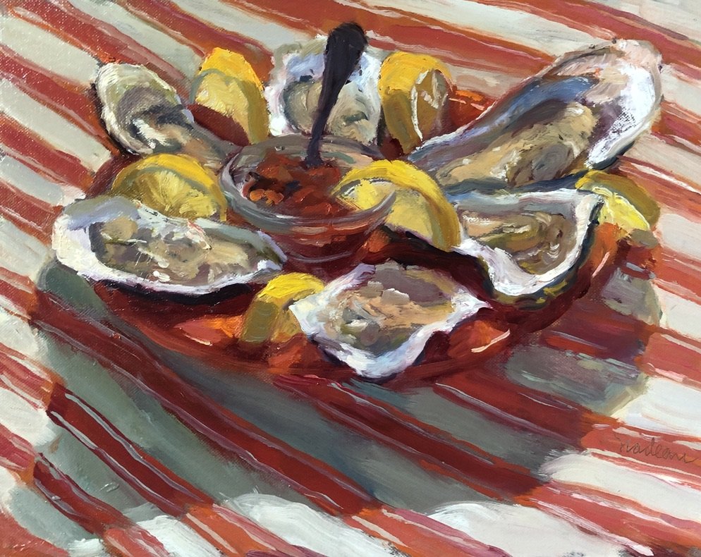 Rosalie	Nadeau-	Oysters on Red & White,	Oil	 $750 