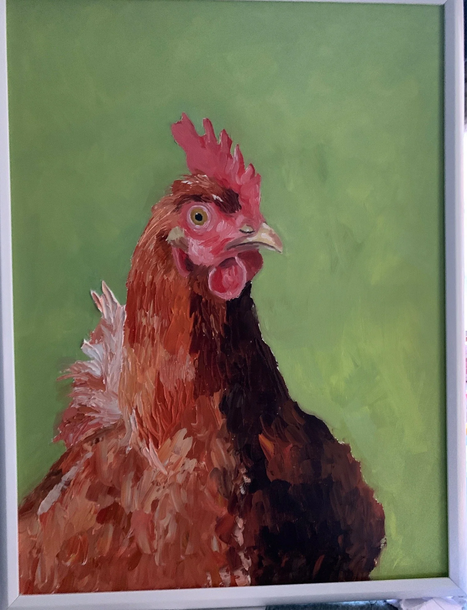 Darlene	Rogers-	Portrait of a chicken,	oil	 $500 