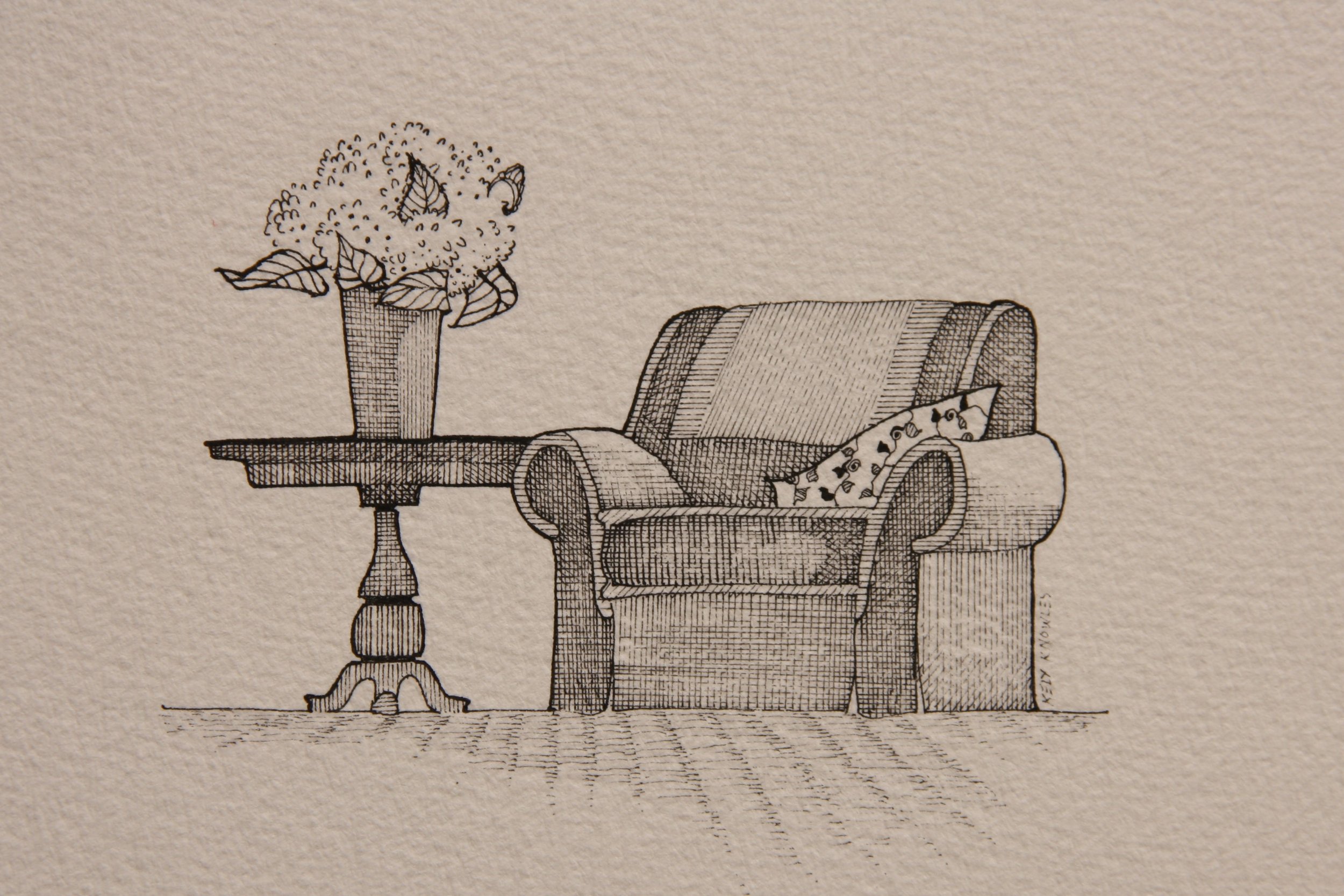 Kely	Knowles-	Chair Flowers Table,	Pen & Ink	 $250 