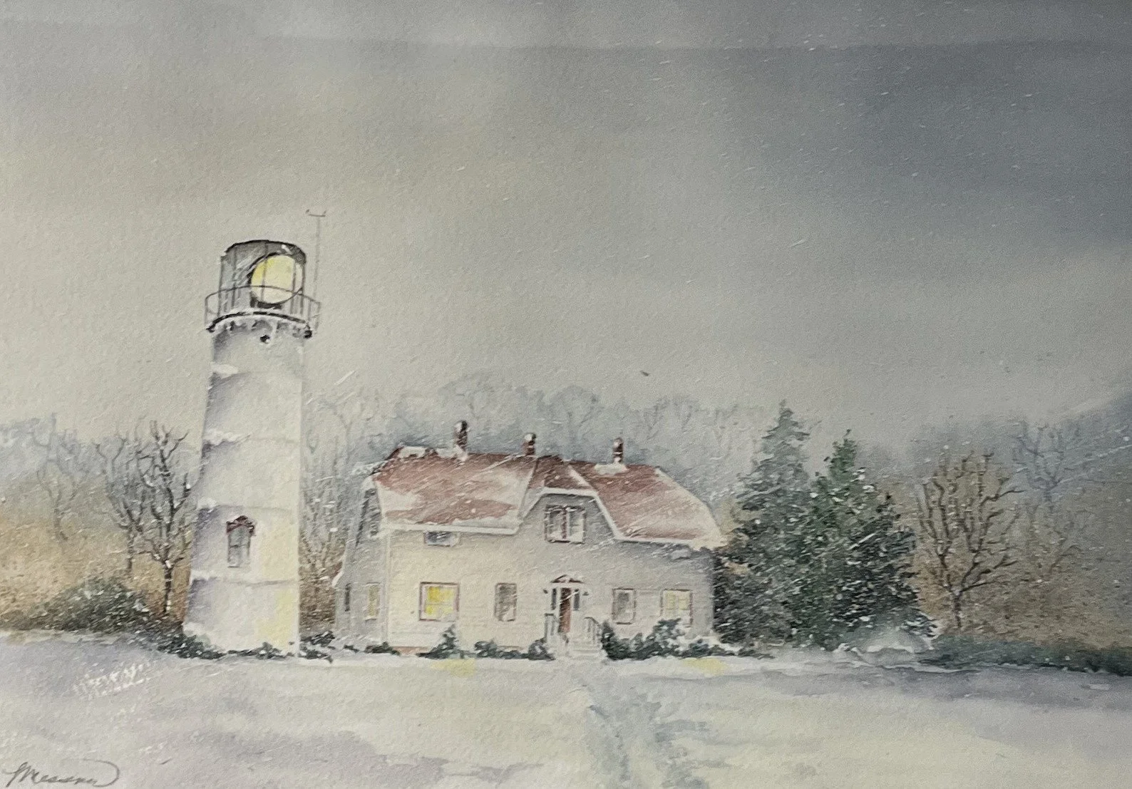 Lorie	Messner-	Lighthouse Beach in Winter	, Watercolor $ NFS 