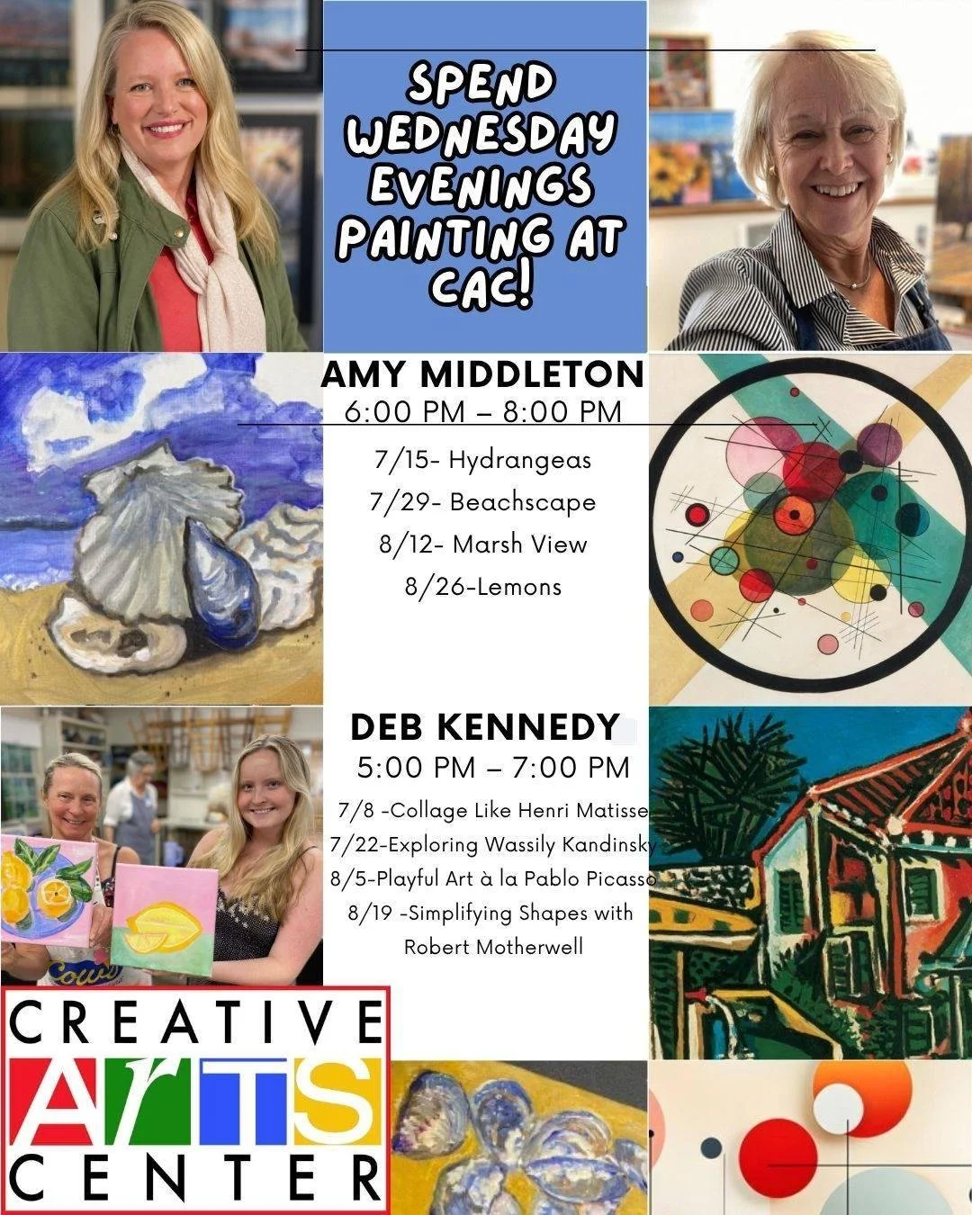 🌿 Join amazing instructors Amy Middleton &amp; Deb Kennedy for fun, relaxed Wednesday night painting classes at the Creative Arts Center all summer long!

✨ No experience needed
✨ Supportive &amp; welcoming atmosphere
✨ A perfect creative night out 