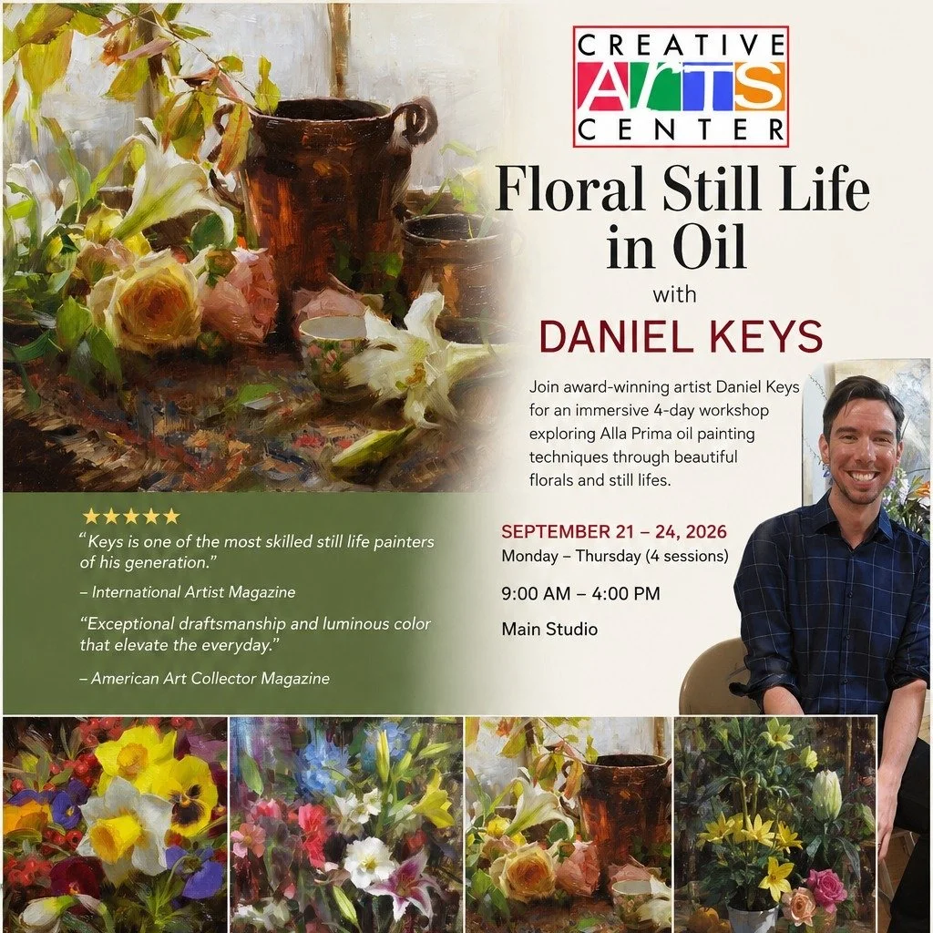 ✨Join internationally recognized artist Daniel Keys for an unforgettable 4-day Floral Still Life in Oil workshop at the Creative Arts Center.✨

Experience live demonstrations, personalized instruction, and immersive Alla Prima painting techniques in 