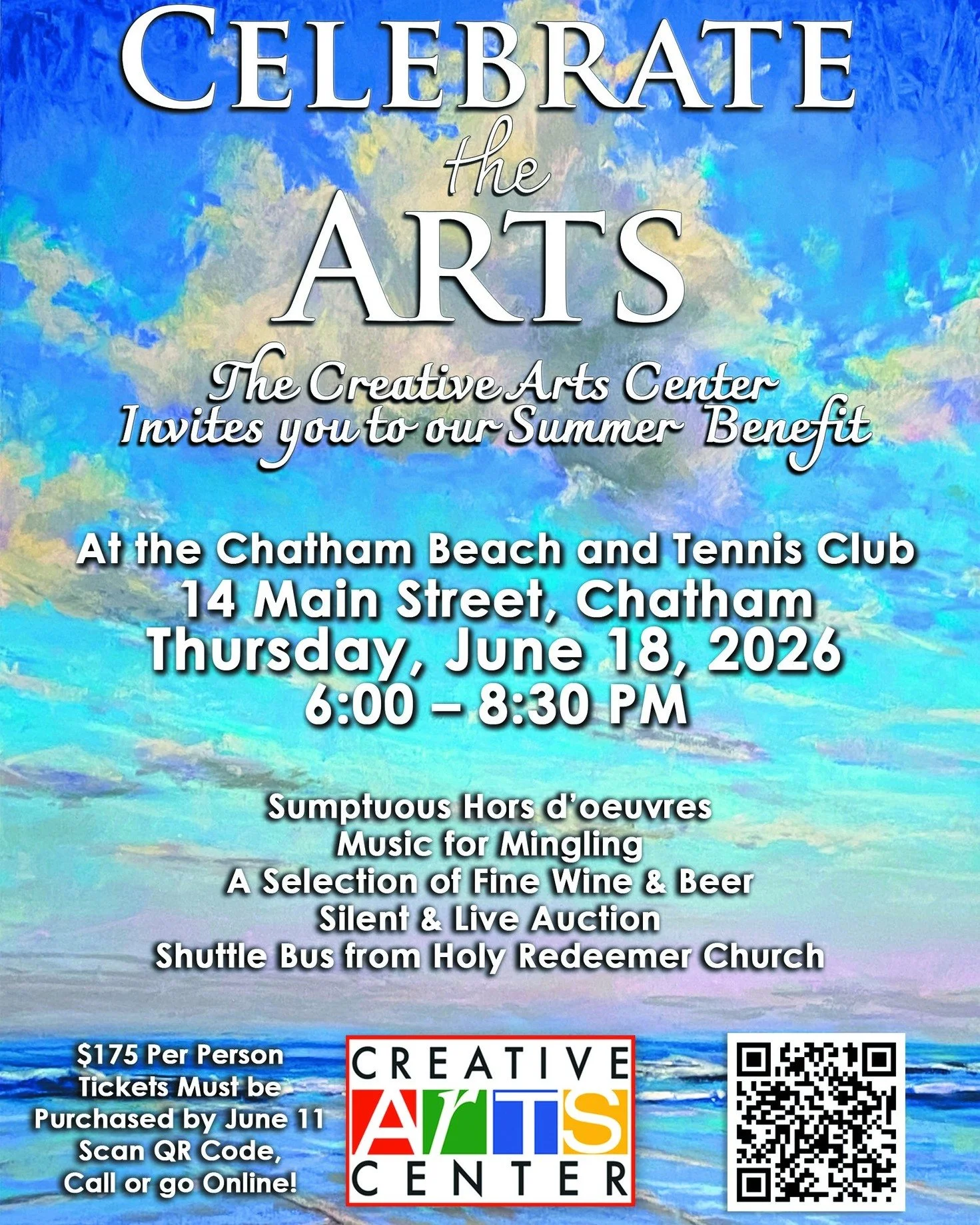 ✨ Join us for an unforgettable summer evening celebrating creativity, community, and the arts on Cape Cod!
Enjoy cocktails, music, auctions &amp; seaside elegance &mdash; all while supporting the Creative Arts Center.
Thursday, June 18 &bull; Chatham