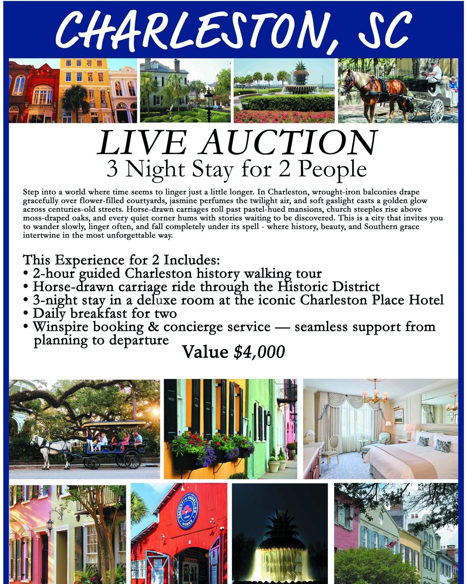 Bid on a Charleston Getaway Worth $4,000!
Join us at the Creative Arts Center Summer Benefit at the Chatham Beach &amp; Tennis Club for an unforgettable evening of art, community, and exciting live auction experiences.

Dreaming of cobblestone street
