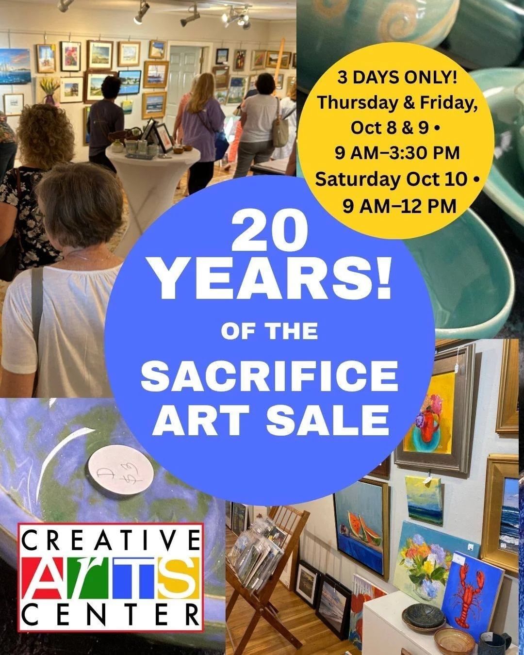 ✨IT&rsquo;S BACK &mdash; AND IT&rsquo;S OUR 20TH YEAR!✨

20th AUTUMN SACRIFICE ART SALE

3 DAYS ONLY!
Thursday &amp; Friday, October 8 &amp; 9 &bull; 9 AM&ndash;3:30 PM
Saturday, October 10 &bull; 9 AM&ndash;12 PM

Come treasure hunting at the Creati