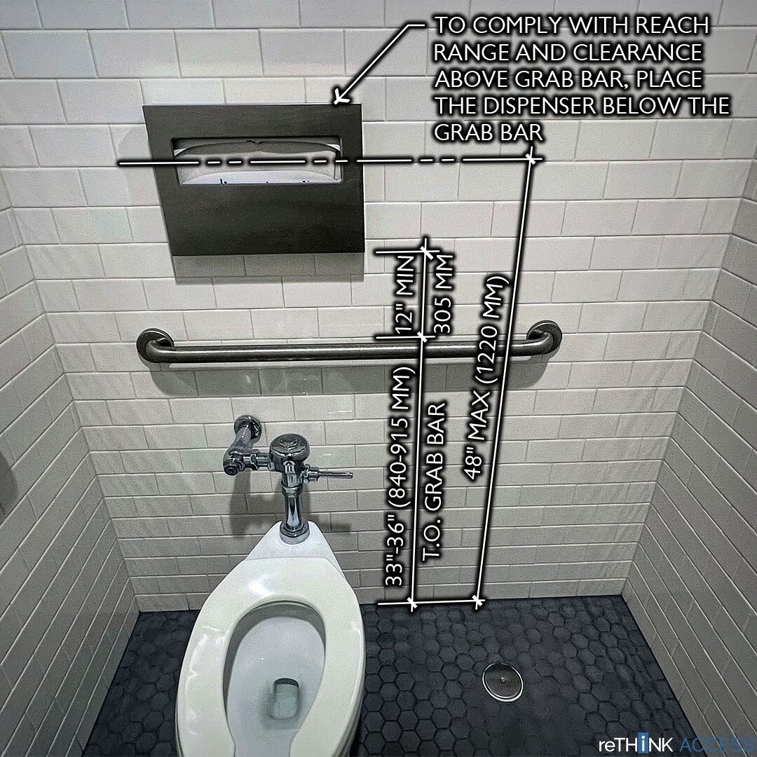 ADA guidelines require that grab bars have a minimum clearance of 12&quot; above it for projecting objects.  Also, reach range requires a maximum height of 48&quot; above the floor.  The height of the rear grab bar has a range of 33&quot;-36&quot;. I