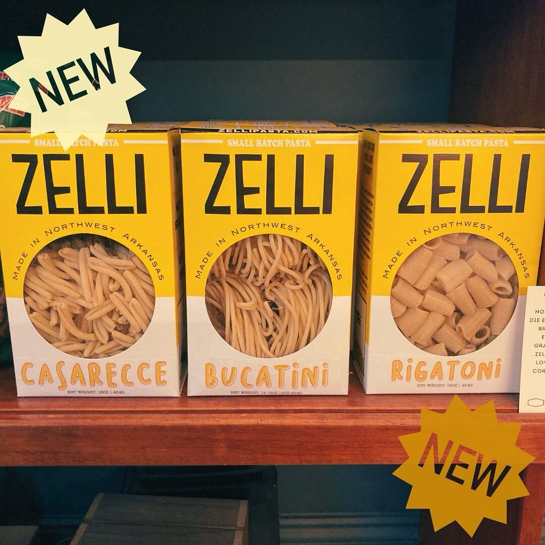 NEW AT THE SHOP!: 🍝 
This here pasta is made from North American grain and bronze-die-extruded in Northwest Arkansas.
Bronze means an extra craggly exterior for fantastic sauce grabability. We LOVE grabability. Zelli is owned and operated by a lovel