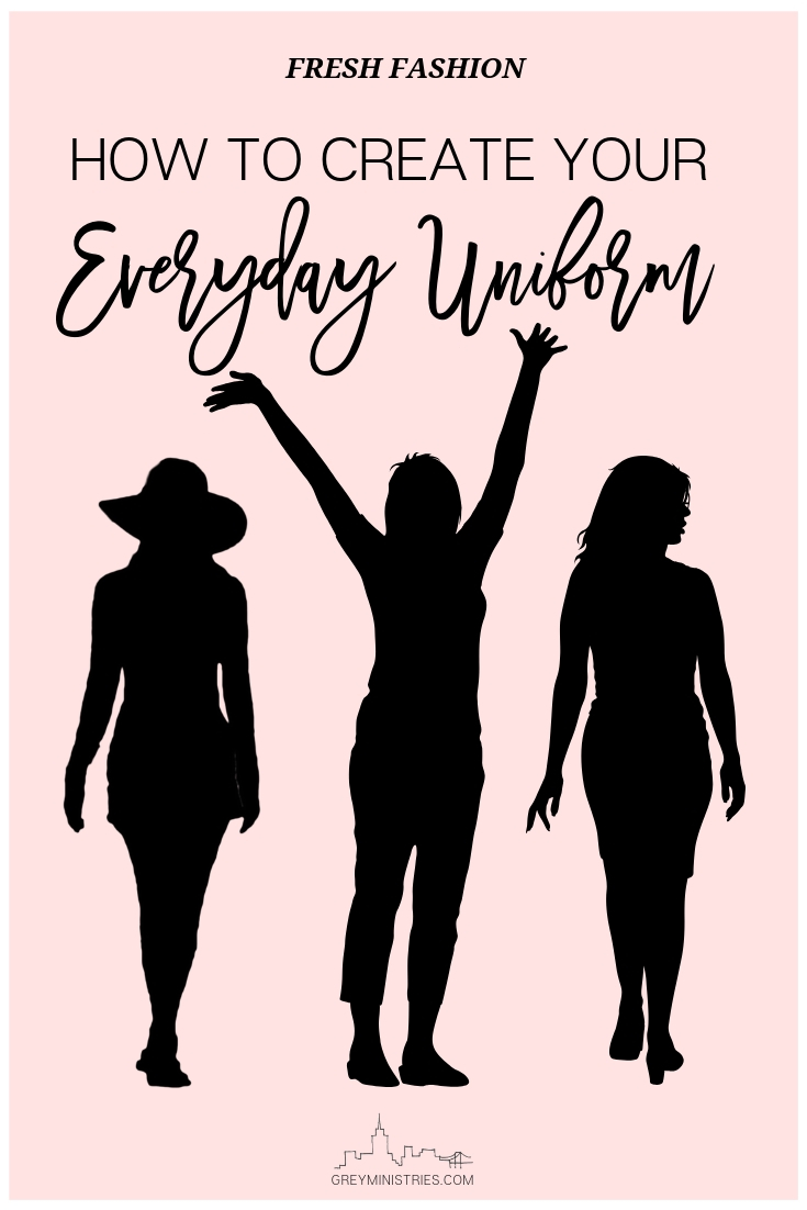Can you think of at least five, awesome outfits you like wearing and feel good in, down to the accessories, right now? Today is all about “creating your uniform”. Join us at Grey Ministries as we take ONE YEAR to freshen up our entire lives (inside and out!). January is all about the clothing, how to clean out your closet, how to love your body and dress your body type and much, much more! Pin to save this post!