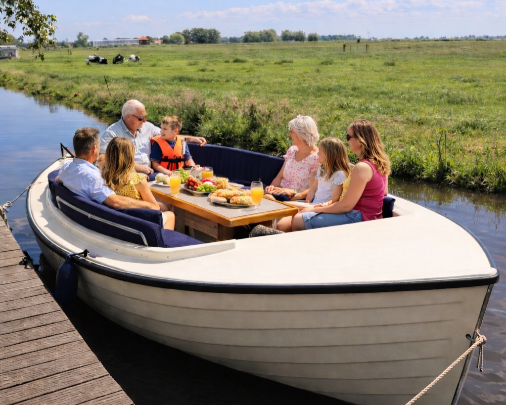 een familie in een elektrische sloep bij bootverhuur overleek