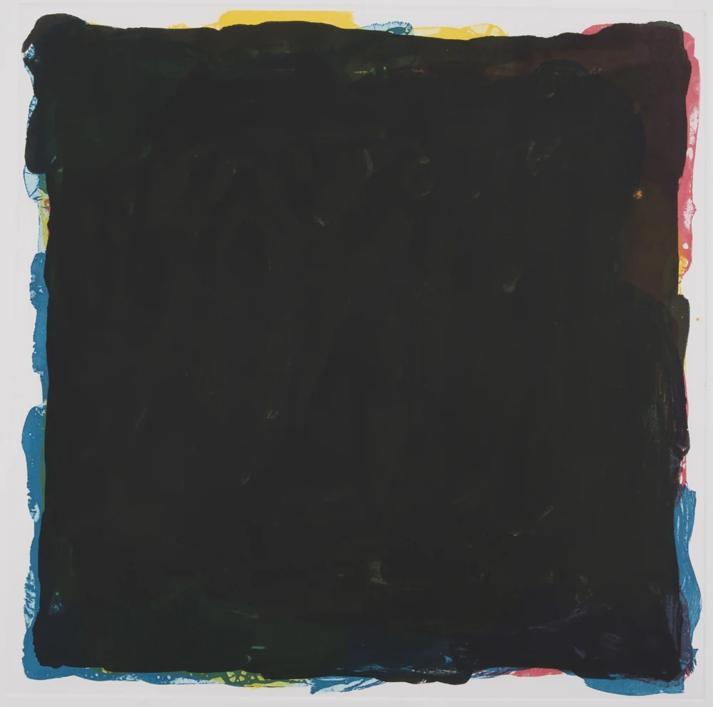 Black Over Colors (red, yellow, blue, black irregular squares superimposed)