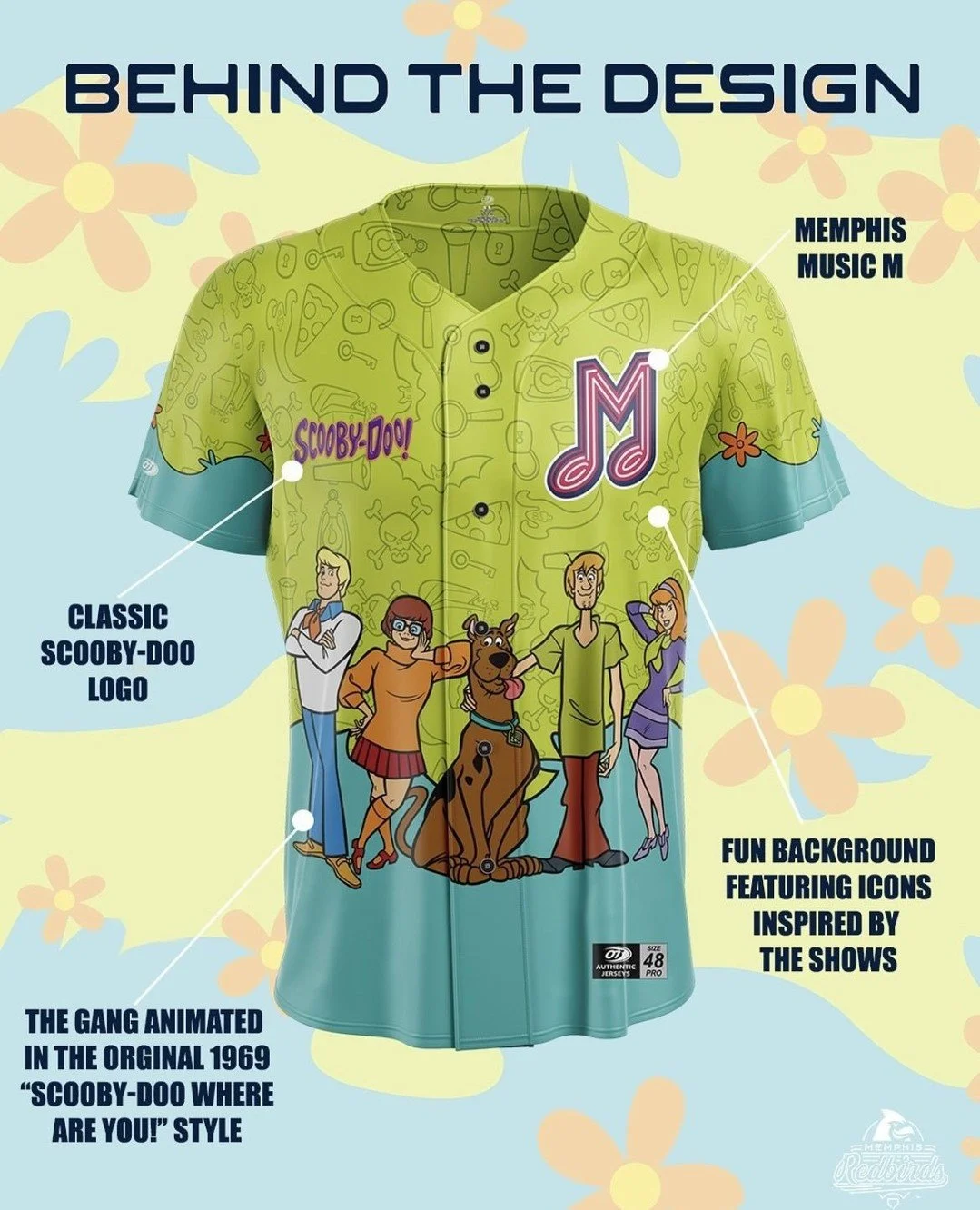 Here's a look at the design of the @memphisredbirds OT Sports Scooby-Doo jerseys they'll be wearing this Saturday⁠
.⁠
.⁠
.⁠
📸 @memphisredbirds