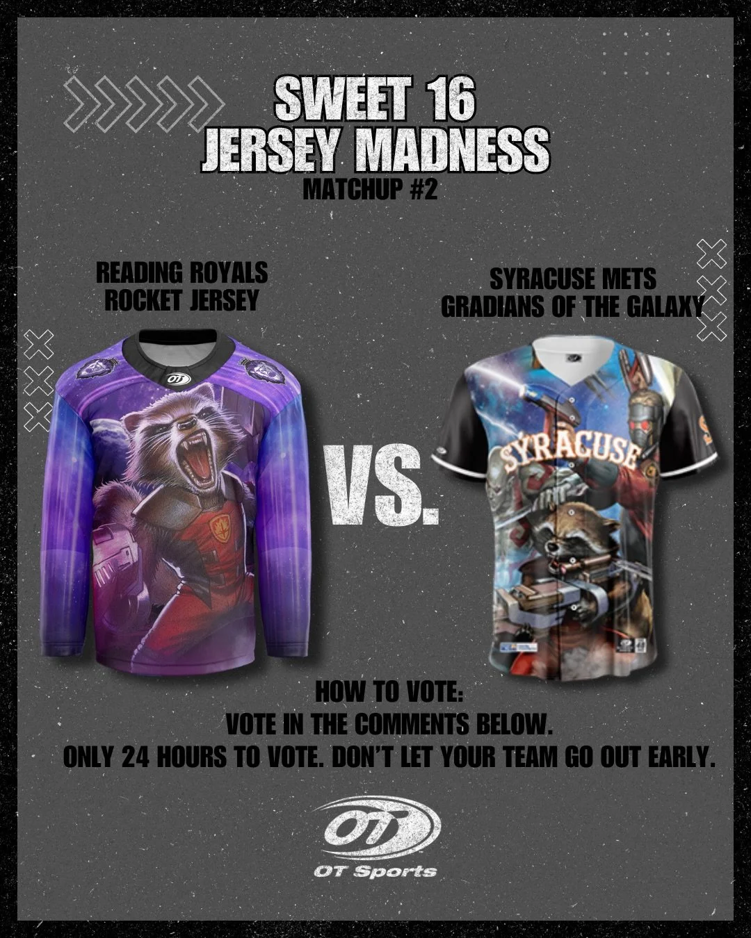 🏀 JERSEY MADNESS - SWEET 16

This one&rsquo;s on the fans. Which Rocket jersey is better? 👀

🏒 @readingroyals 
vs
⚾️ @syracusemets 

Vote on the poll below! Only 24 hours to vote. Make it count.
