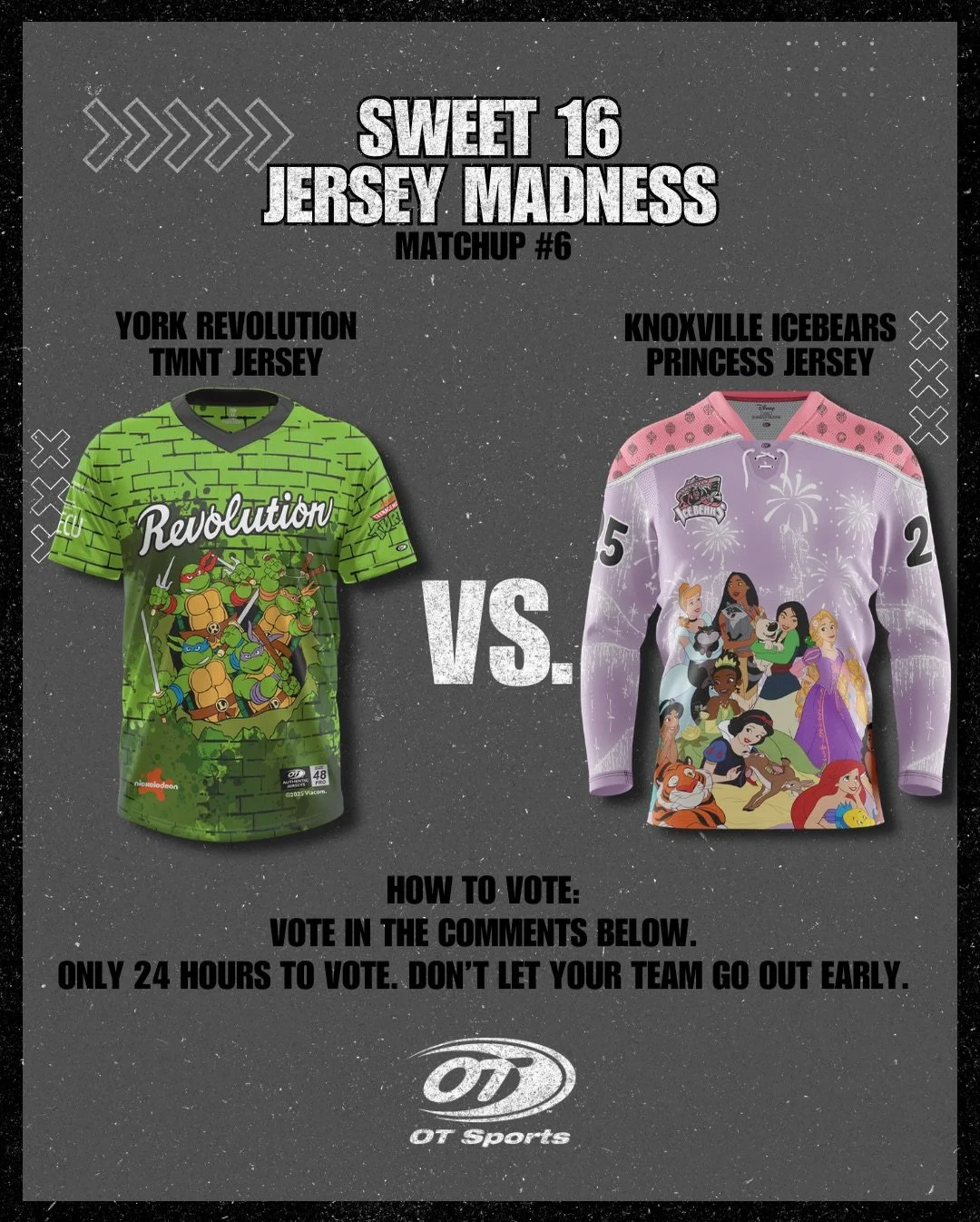 🏀 JERSEY MADNESS - SWEET 16

Only one advances.

🐢 @yorkrevolution 
vs
👸🏼 @knoxvilleicebears 

Tap the poll to vote! 🗳️ voting closes in 24 hours. Lets see who has the stronger fanbase!