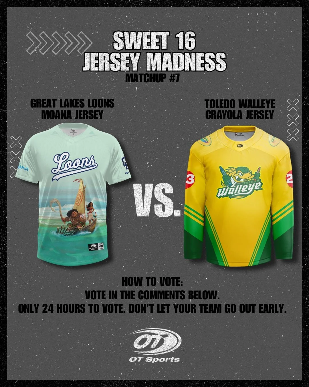 🏀 JERSEY MADNESS - SWEET 16

Only one advances.

🌊 @greatlakesloons 
vs
🖍️ @toledowalleye 

Tap the poll to vote! 🗳️ Poll closes in 24 hours. Don&rsquo;t let your team down!!