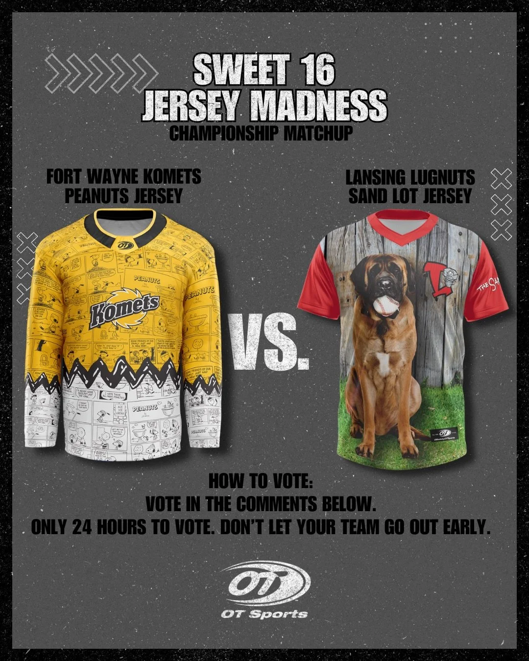 The championship matchup. It all comes down to this. 

@lansinglugnuts ⚾️
VS.
@fwkomets 🥜

Vote in the poll below. This is it. Who will be the official champion of the OT Jersey Madness Competition?? 👀🗳️