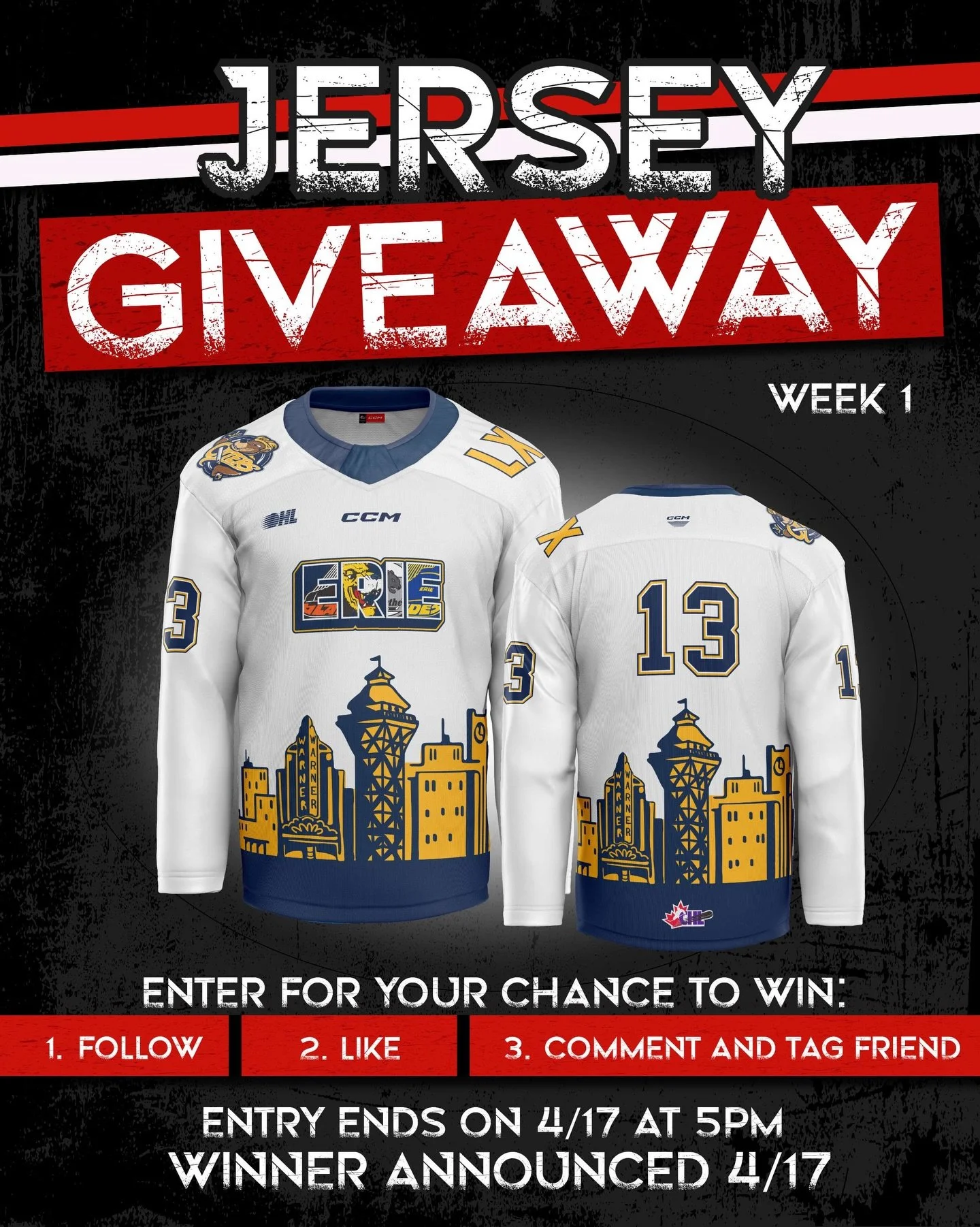🚨 JERSEY GIVEAWAY &mdash; WEEK 1 🚨
Hockey season&rsquo;s ending&hellip; but we&rsquo;re just heating up 😏

We&rsquo;re giving away 15 jerseys over the next 11 weeks

HOW TO ENTER:
&bull; Follow @otsports AND @erieotters
&bull; Like this post
&bull