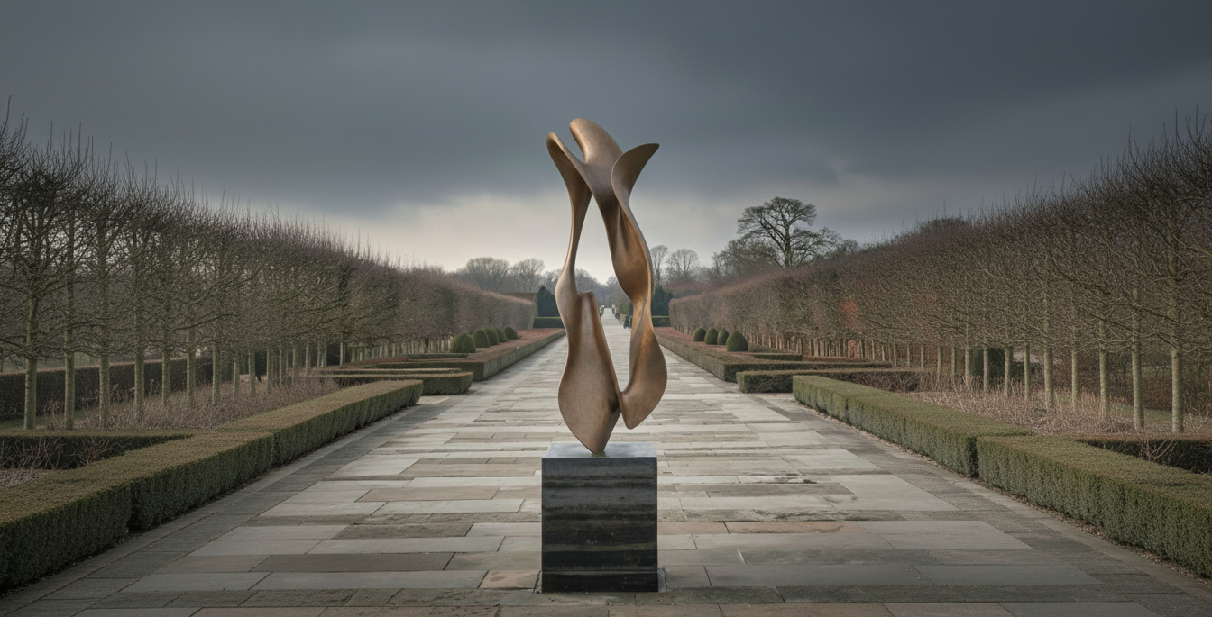 A bronze abstract sculpture on a stone pedestal in a garden with a paved path, leafless trees, and trimmed hedges under a cloudy sky.