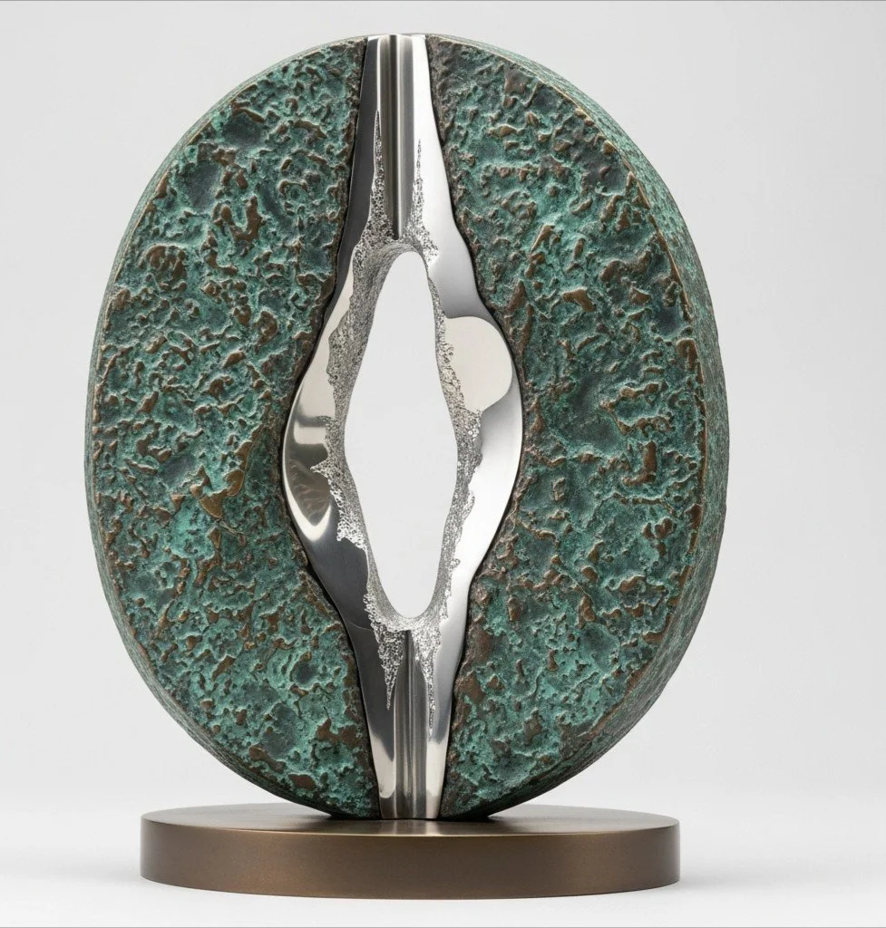Abstract sculpture featuring a circular form with a textured, corrosion-like green surface, split open in the center revealing shiny, metallic inner surfaces, mounted on a simple round base.