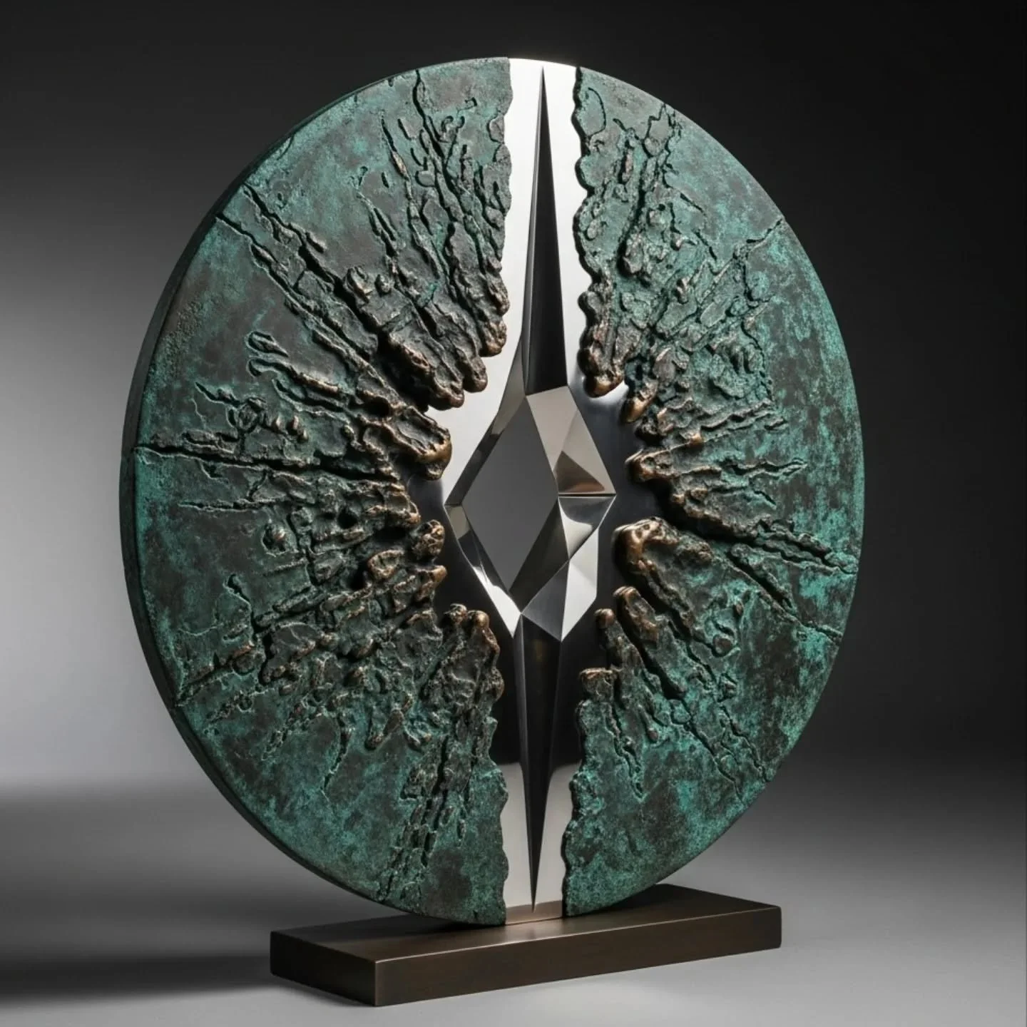 Title - Divide
Edition - Unique Work
Material - Bronze Stainless Steel
Finish - Copper Green Patina 
Base - Bronze
Finish - Dark Iron Nitrate Patina

Single-Edition Bronze : Unique sculpture, handcrafted for the interiors and exteriors of tomorrow.  