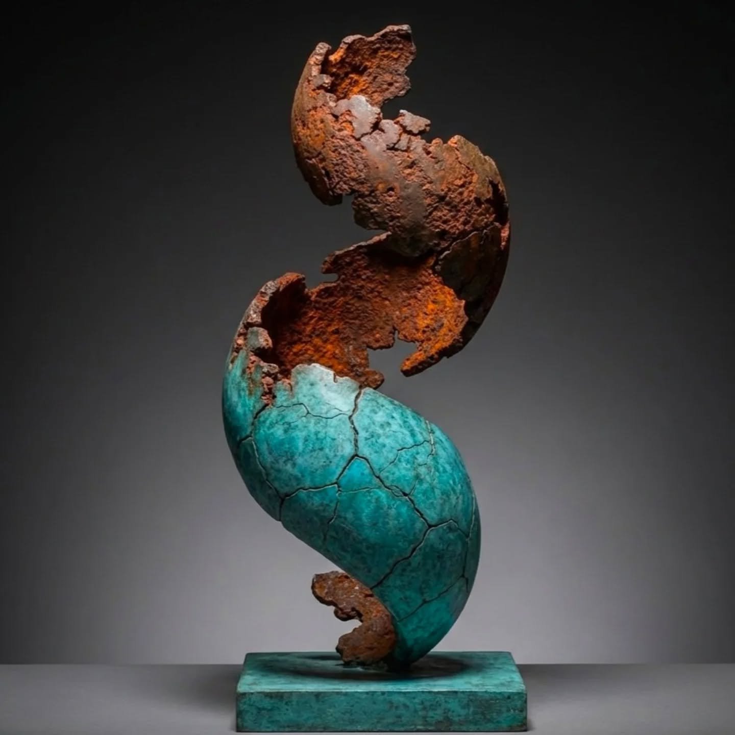 Title - Trail 
Edition - Unique Work
Material - Bronze and Iron
Finish - Copper Patina and Thermal Metal Spray
Base - Bronze
Finish - Patina

Single-Edition Bronze : Unique sculptures, handcrafted for the interiors and exteriors of tomorrow.  Handmad