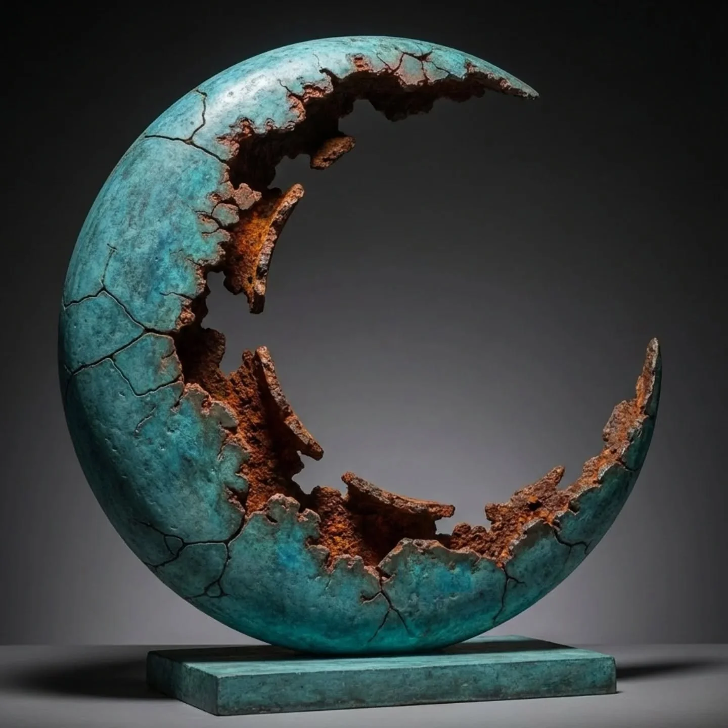 Title - Crescent 
Edition - Unique Work
Material - Bronze and Iron
Finish - Copper Patina and Thermal Metal Spray
Base - Bronze
Finish - Patina

Single-Edition Bronze : Unique sculptures, handcrafted for the interiors and exteriors of tomorrow.  Hand
