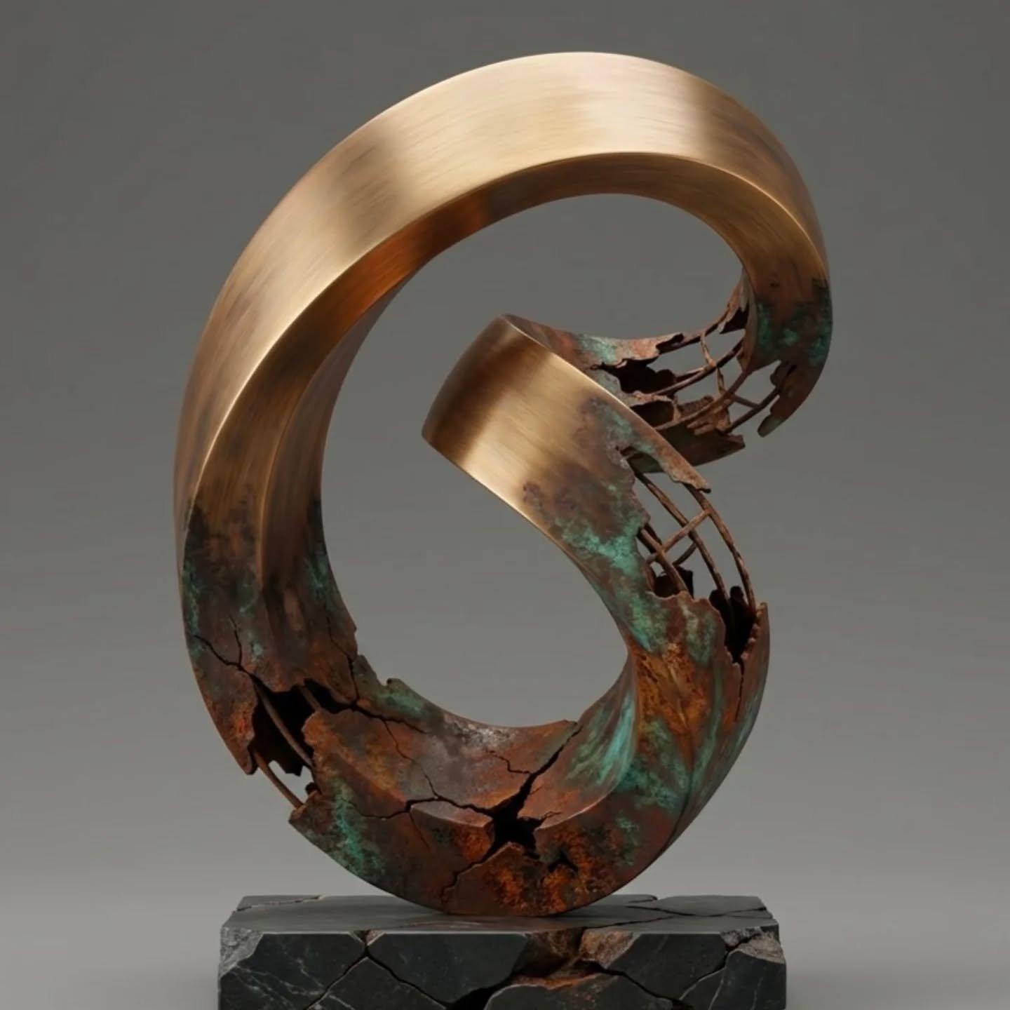 Title - M&ouml;bius 
Edition - Unique Work
Material - Bronze 
Finish - Copper and Iron Patina
Base - Bronze
Finish - Patina

Single-Edition Bronze : Unique sculptures, handcrafted for the interiors and exteriors of tomorrow.  Handmade in the UK and s
