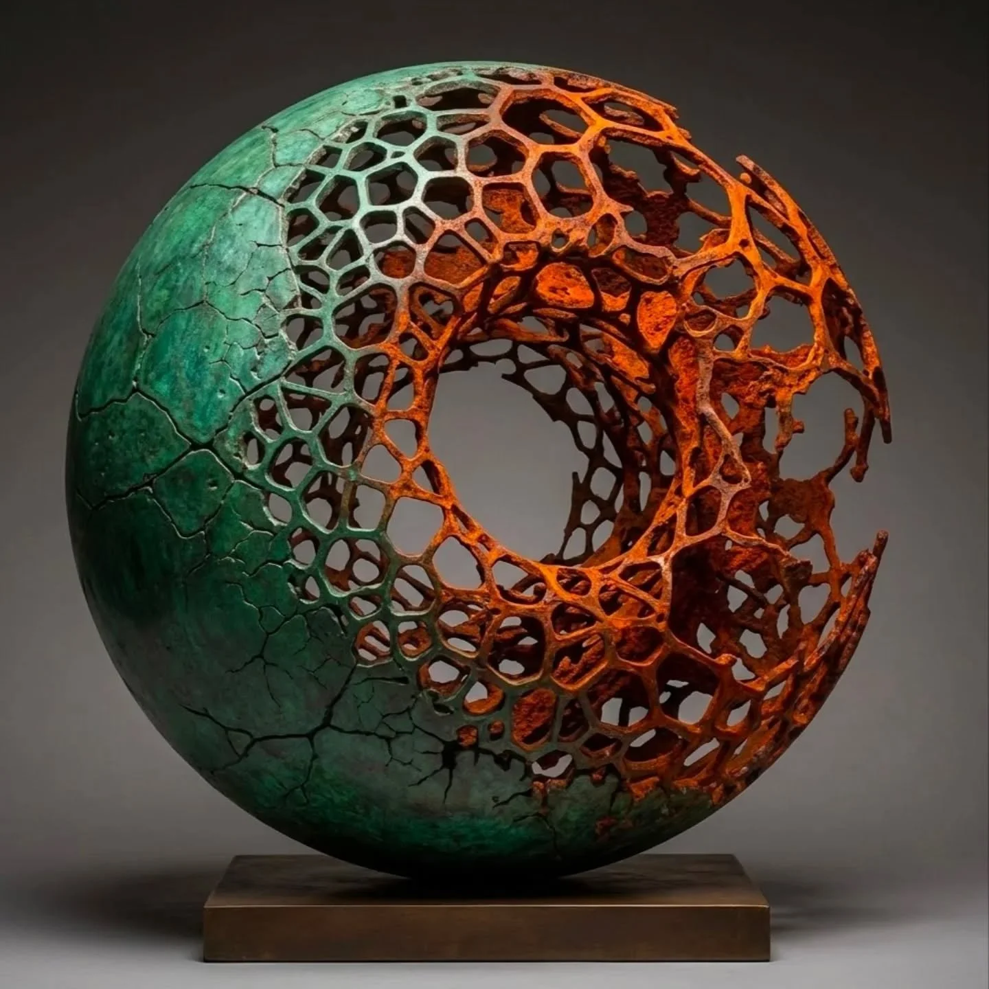 ​Title &ndash; DECIMATE
Edition &ndash; 1/1 Studio Original
Material &ndash; Cast Silicon Bronze
Finish &ndash; Verdigris, Iron, and Copper Patina
Base &ndash; Bronze
Finish &ndash; Patina

​The contrast between the weathered verdigris exterior and t