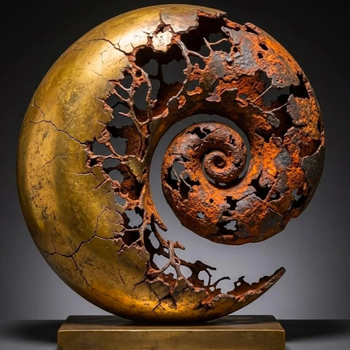 Title - Fiat Decay
Edition - 1/1 Studio Original
Material - Cast Silicon Bronze
Finish - Gold gilt and Iron Patina
Base - Bronze 
Finish - Patina

Jack Eagan | Single-Edition 
Unique sculptures handcrafted in North Norfolk for the architectural lands