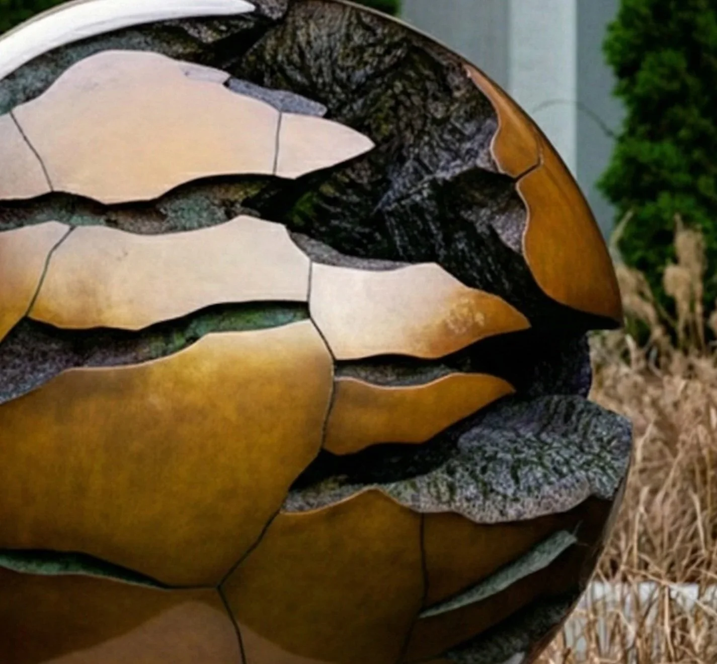 Close-up of a globe sculpture with distinguishing landmass colors, placed outdoors with green bushes and white buildings in the background.