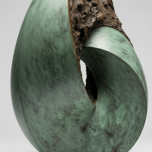 A modern sculpture resembling a greenish, polished, tubular ring with a rough, brown, rocky interior visible through a section cutout, mounted on a flat circular base.