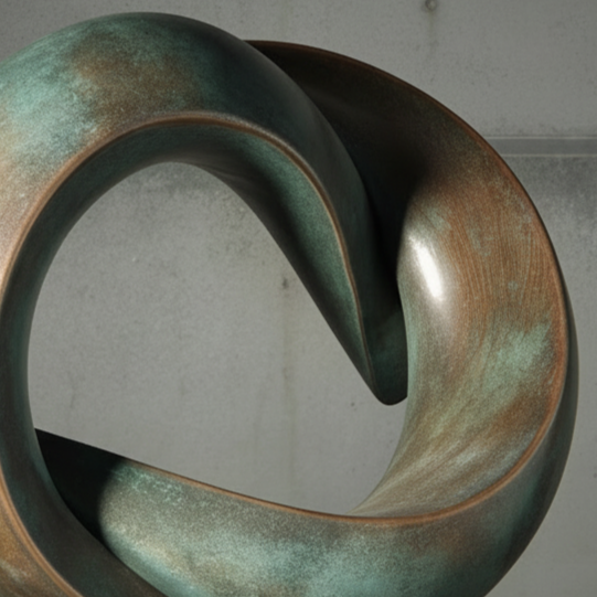 Abstract metal sculpture with a circular, twisting shape, placed on a gray pedestal against a gray wall.