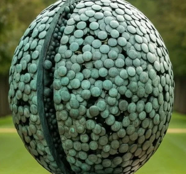 A spherical sculpture made of numerous small, round, metallic discs, situated outdoors on a platform, with a grassy area and trees in the background.