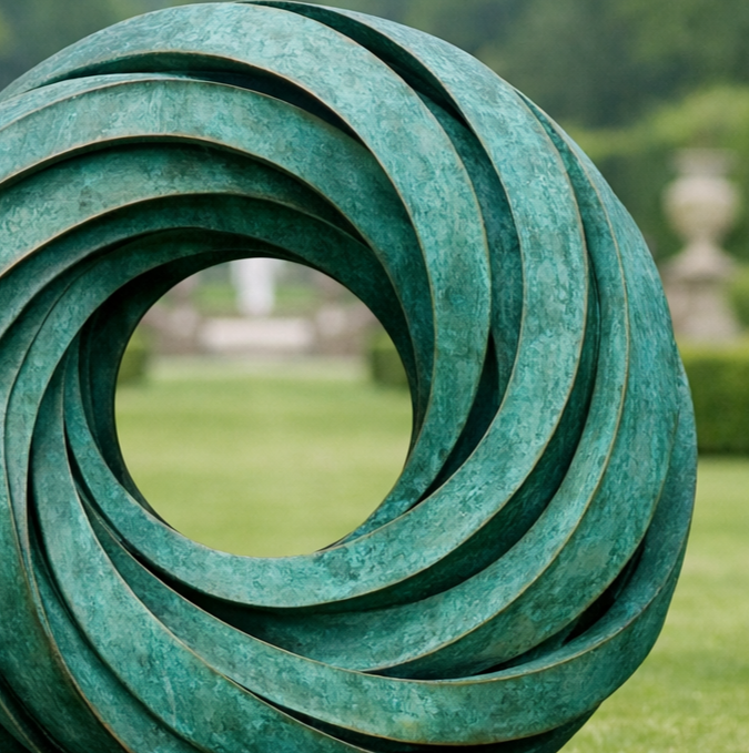A large, greenish-blue metal sculpture resembling a spiraling ring, set outdoors on a black base with a garden and trees in the background.