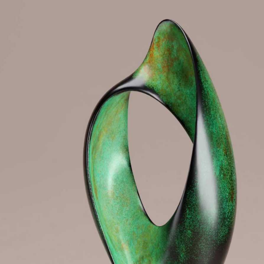 An abstract sculpture with a twisted, looped form in green with dark accents, standing on a rectangular green base.