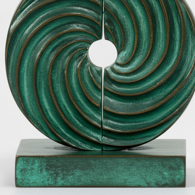 A modern sculpture consisting of a green spiral design with a circular hole in the center, mounted on a rectangular base.
