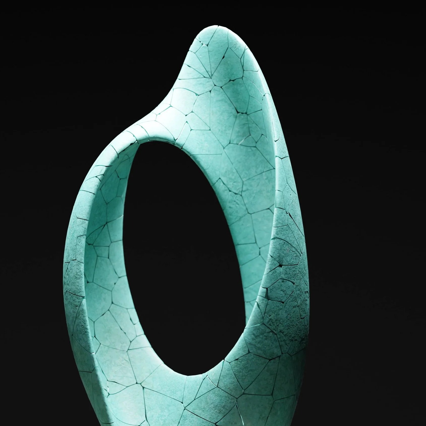 A modern sculpture resembling an abstract loop with a cracked teal surface, mounted on a rectangular black base against a black background.