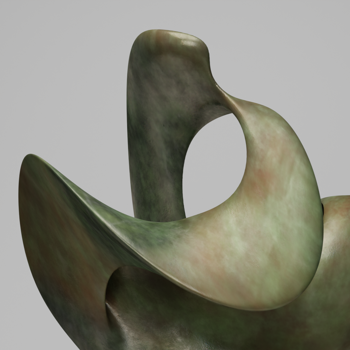 A modern abstract sculpture with curved green and beige hues, mounted on a rectangular gray pedestal, set against a plain light gray background.