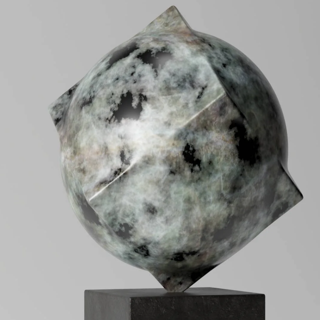 A modern sculpture of a sphere with a cube on top, made of polished stone with a marbled pattern, mounted on a black rectangular base.