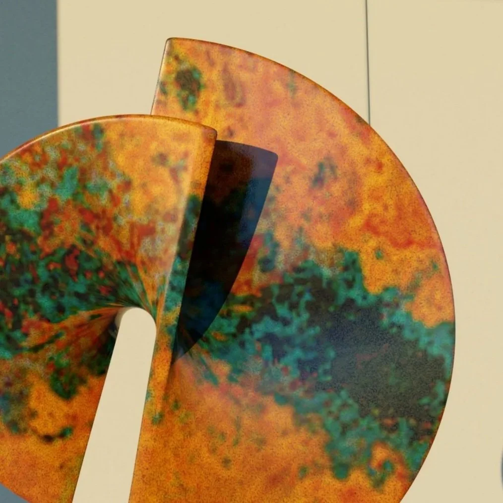 Modern abstract sculpture with vibrant multicolored patterns, shaped like a spiral or whirl, mounted on a rectangular plaque.