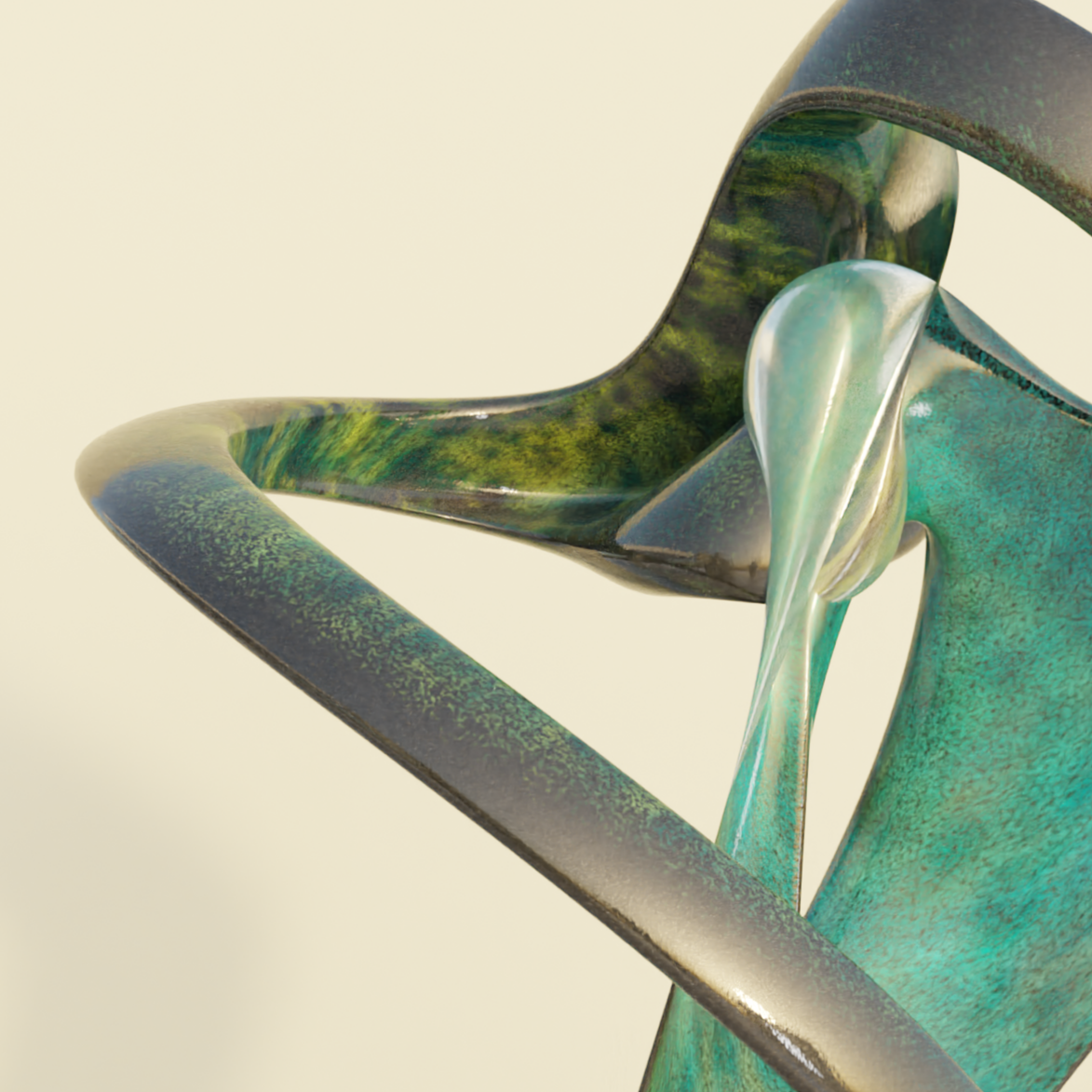 A modern sculpture with intertwined shapes in green and brown tones, mounted on a wooden base, against a plain light background.