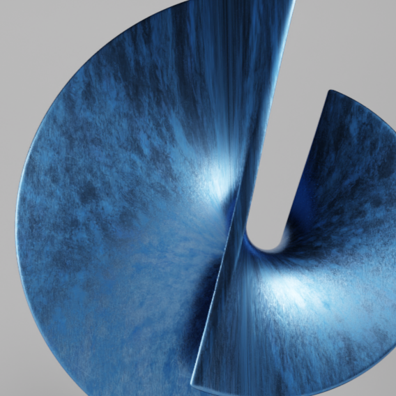 Blue abstract sculpture on black base against gray background.