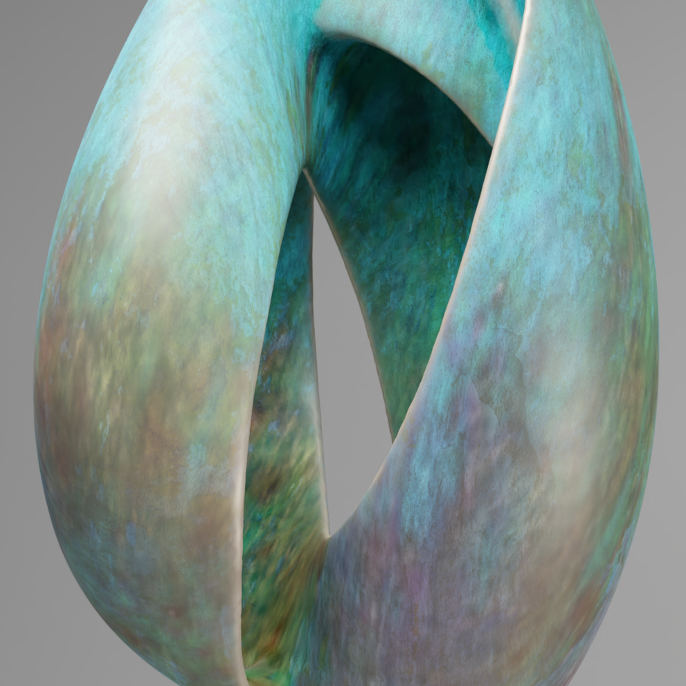 A colorful abstract sculpture with smooth, curved surfaces, mounted on a black pedestal, set against a gray background.