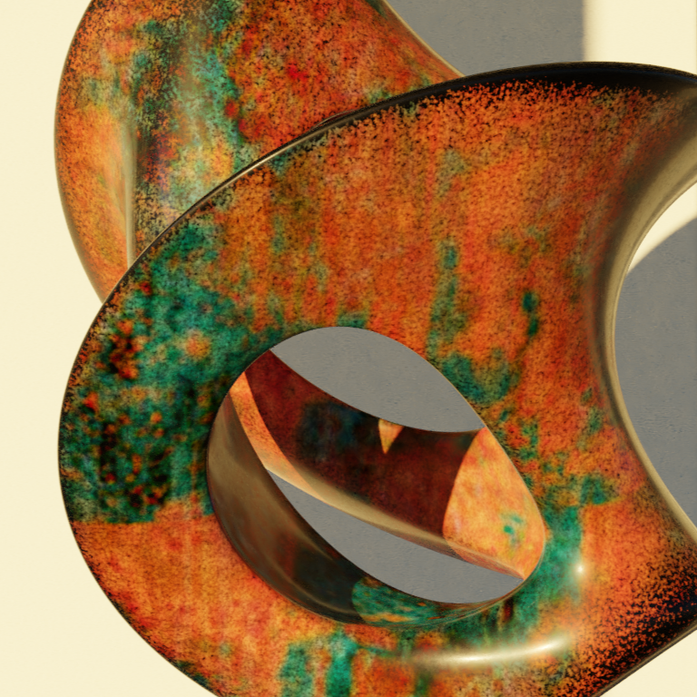 A colorful abstract sculpture with a curved shape, exhibiting splashes of red, orange, green, and blue, displayed on a pedestal in an art gallery.