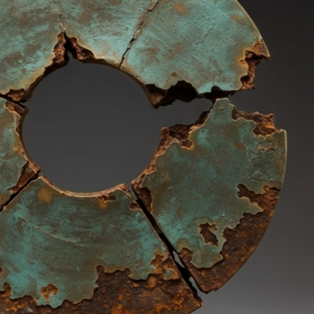 A large, circular, rusted metal sculpture with a hollow center, featuring a turquoise and rust-colored patina, mounted on a black rectangular base.