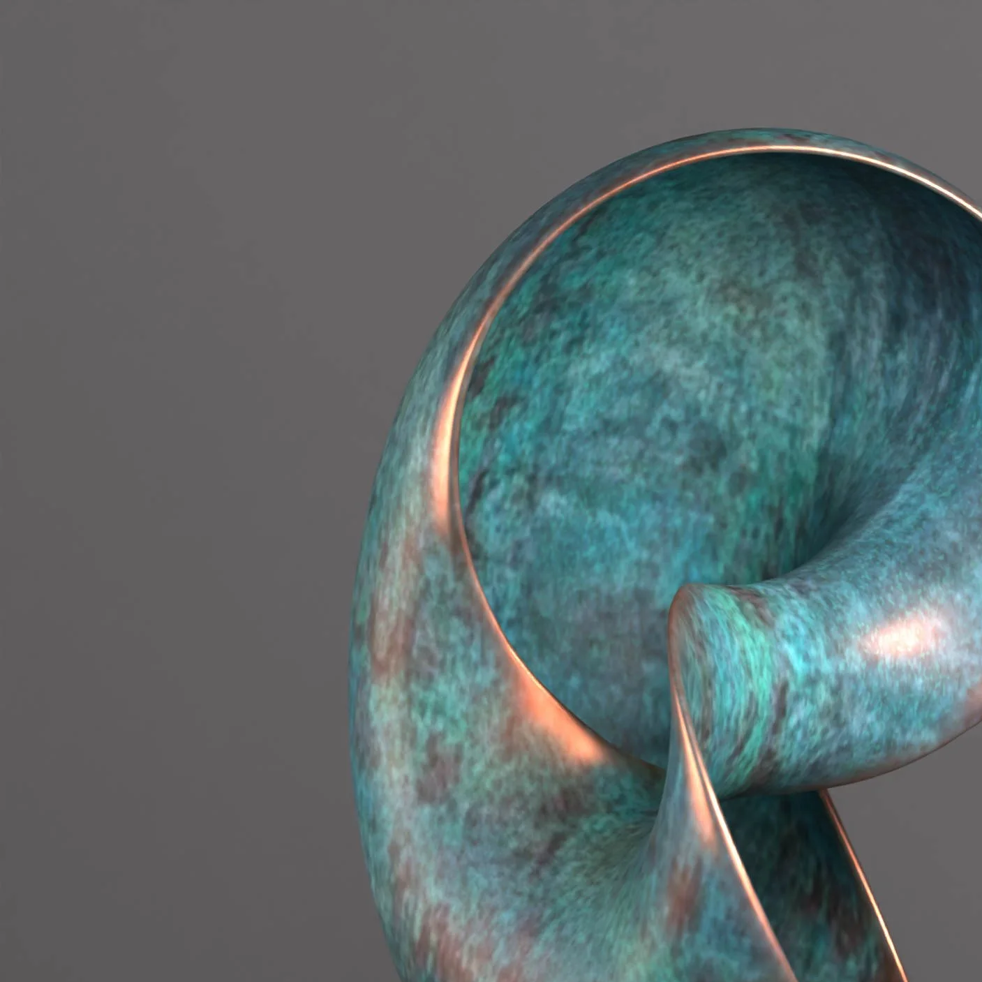 A sculpture of a human head with a metallic, greenish-blue finish, mounted on a dark rectangular base against a plain gray background.