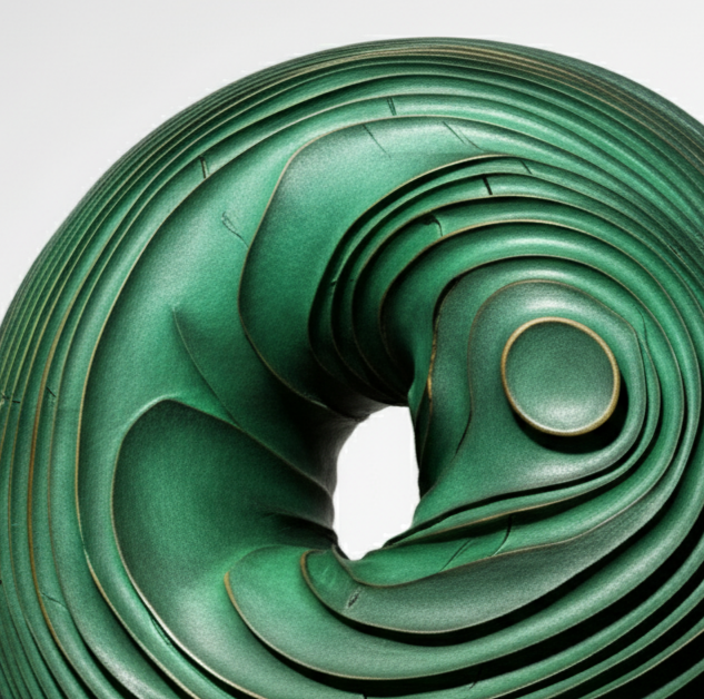 A green abstract sculpture with concentric circular patterns on a beige pedestal.